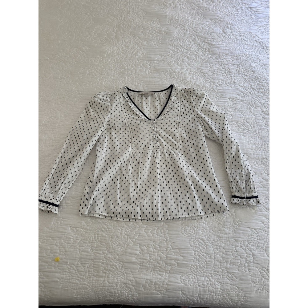 Ann Taylor LOFT Navy & White Cotton Blouse - Size Medium Petite MP